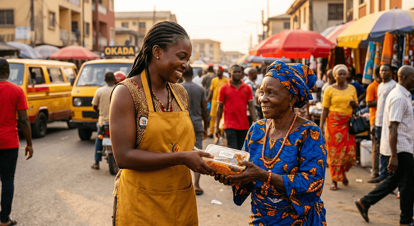 A volunteer handing a hot Òwàmbé plate to a woman in Lagos