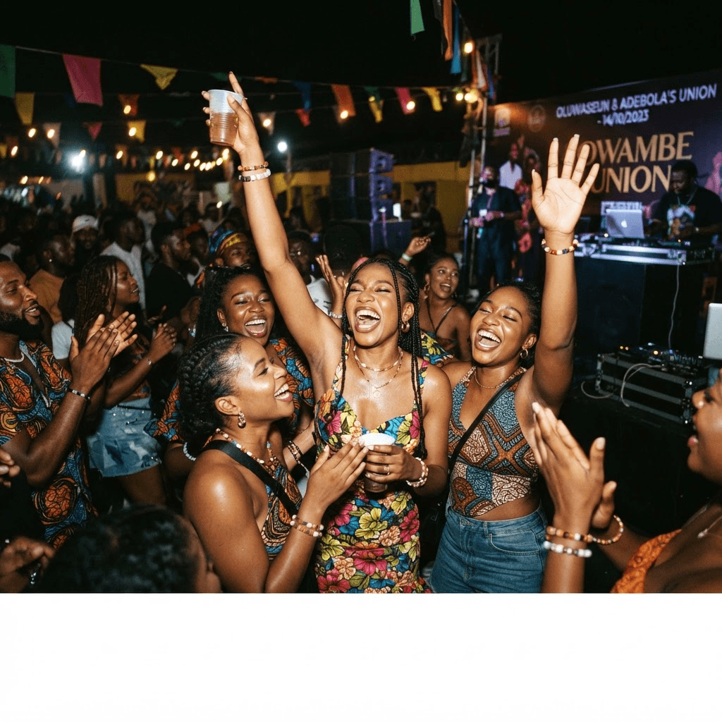 Guests enjoying food and music at an Òwàmbé party